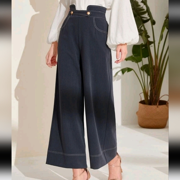 High Waist Top-stitching Wide Leg Pants - Picture 3 of 5